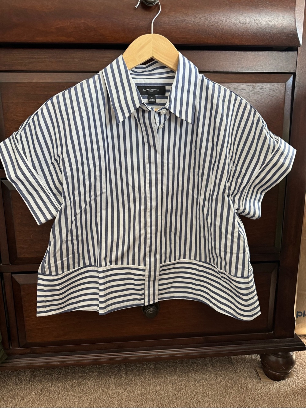 Banana Republic Navy and White Striped Button-Up Short Sleeve Top